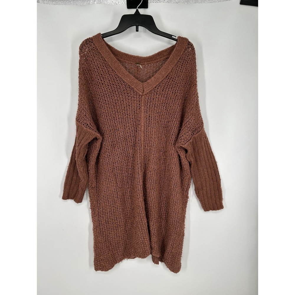 Free People Sweater Dress Women's Small Rust Crochet Knit Long Sleeve Vโ Neck